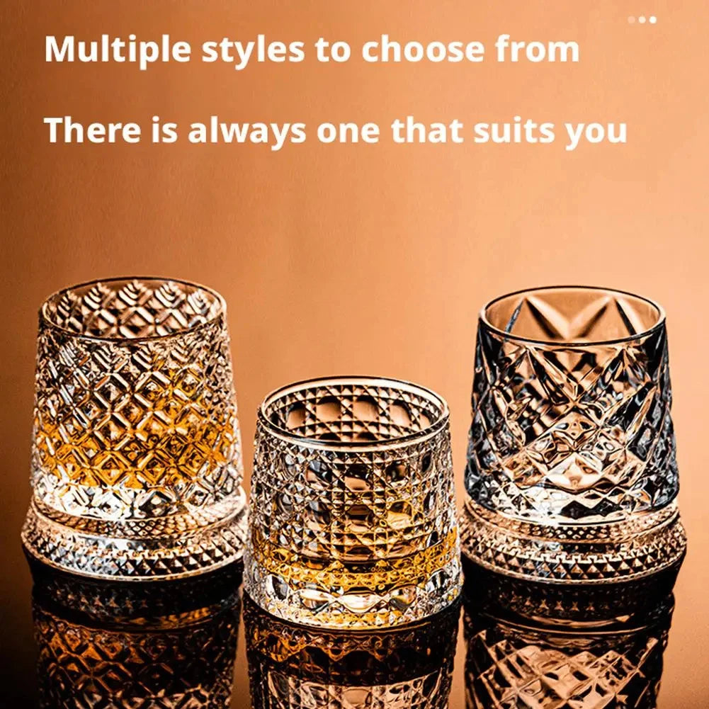 Veltora 2-pack whiskey glasses with rotating glass bases, 360-degree spin, crystal clear rum glasses for cocktails and parties.