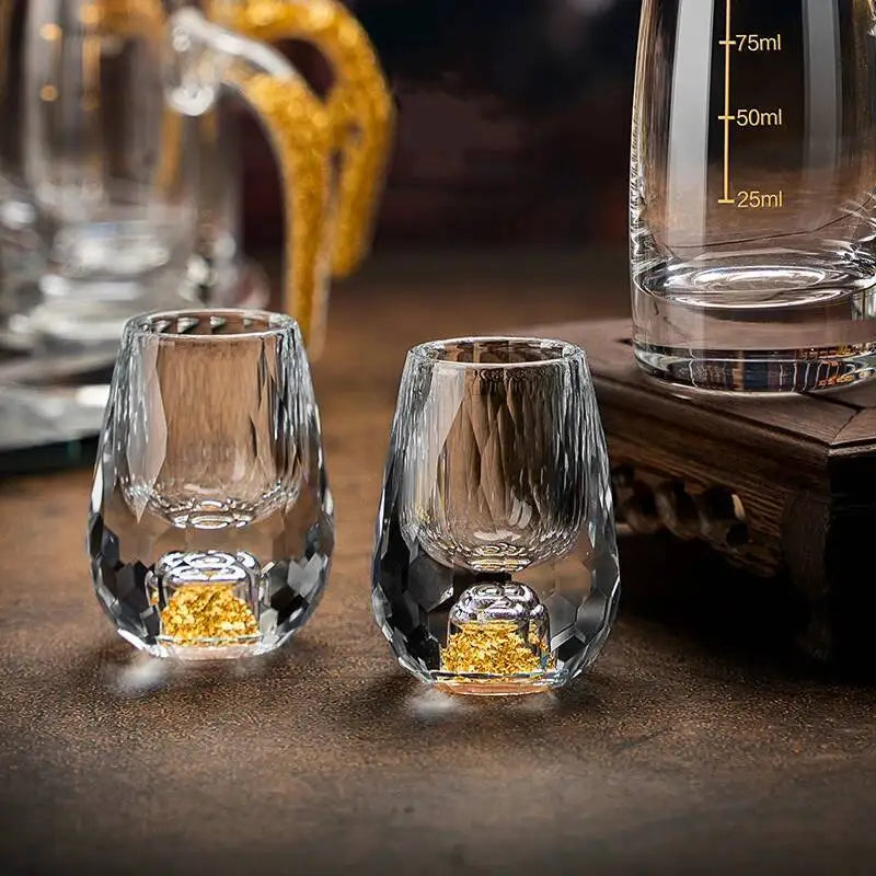 Set of Veltora luxury crystal shot glasses with gold foil accents, 15ml capacity, perfect for vodka, sake, shochu, or liqueurs.