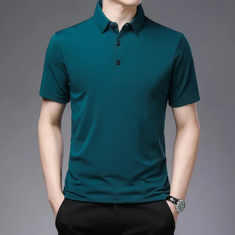 Veltora men's solid color business casual polo shirt with short sleeves, lightweight and breathable summer fashion top.