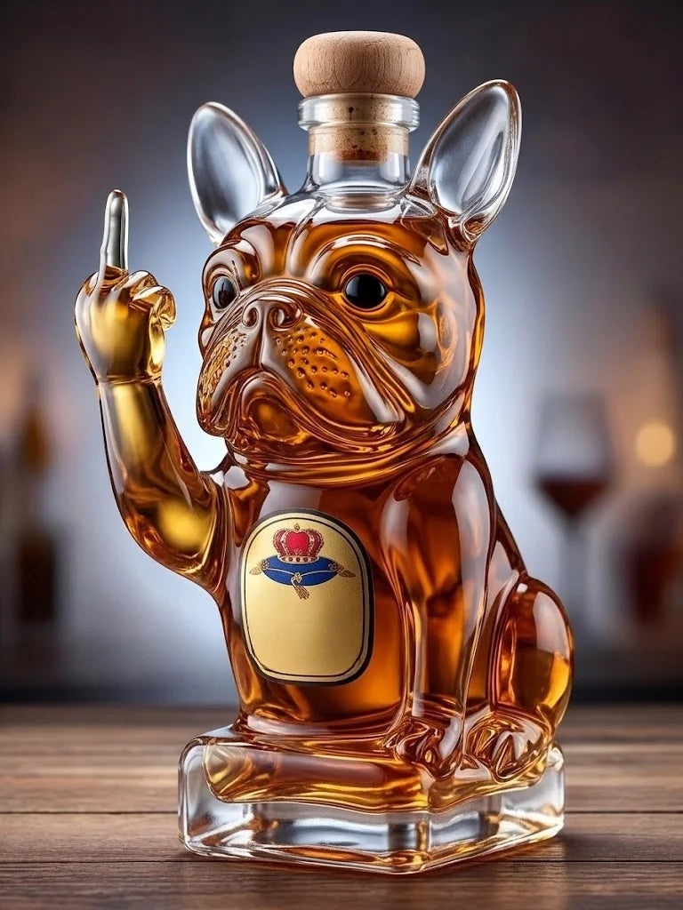 Funny French Bulldog whiskey bottle by Veltora featuring a unique middle finger dog design and a matching wine glass.