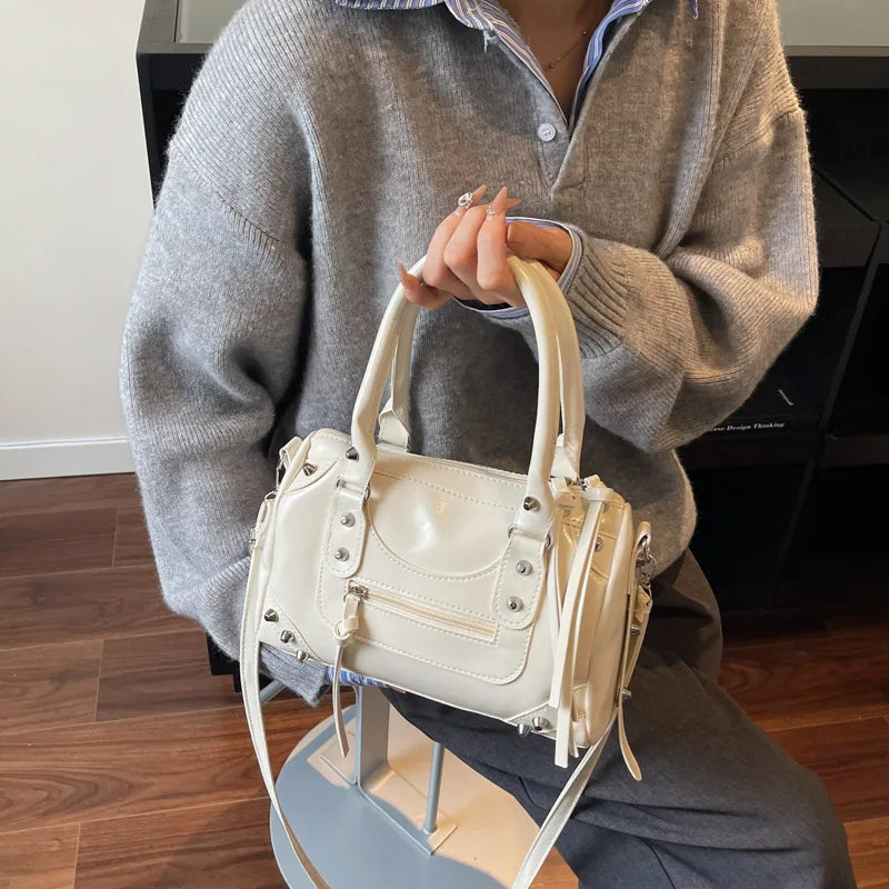 Veltora large capacity pillow-shaped motorcycle handbag with fashion rivets, single shoulder, crossbody design, European and American style