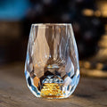 Set of Veltora luxury crystal shot glasses with gold foil details, 15ml capacity, ideal for vodka, sake, shochu, or liqueurs.