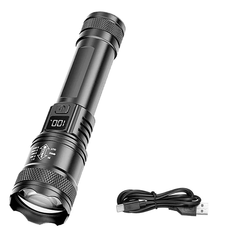 Veltora 2000LM ultra bright P50 LED tactical flashlight with telescopic zoom, handheld torch, emergency spotlight, and rechargeable batteries.