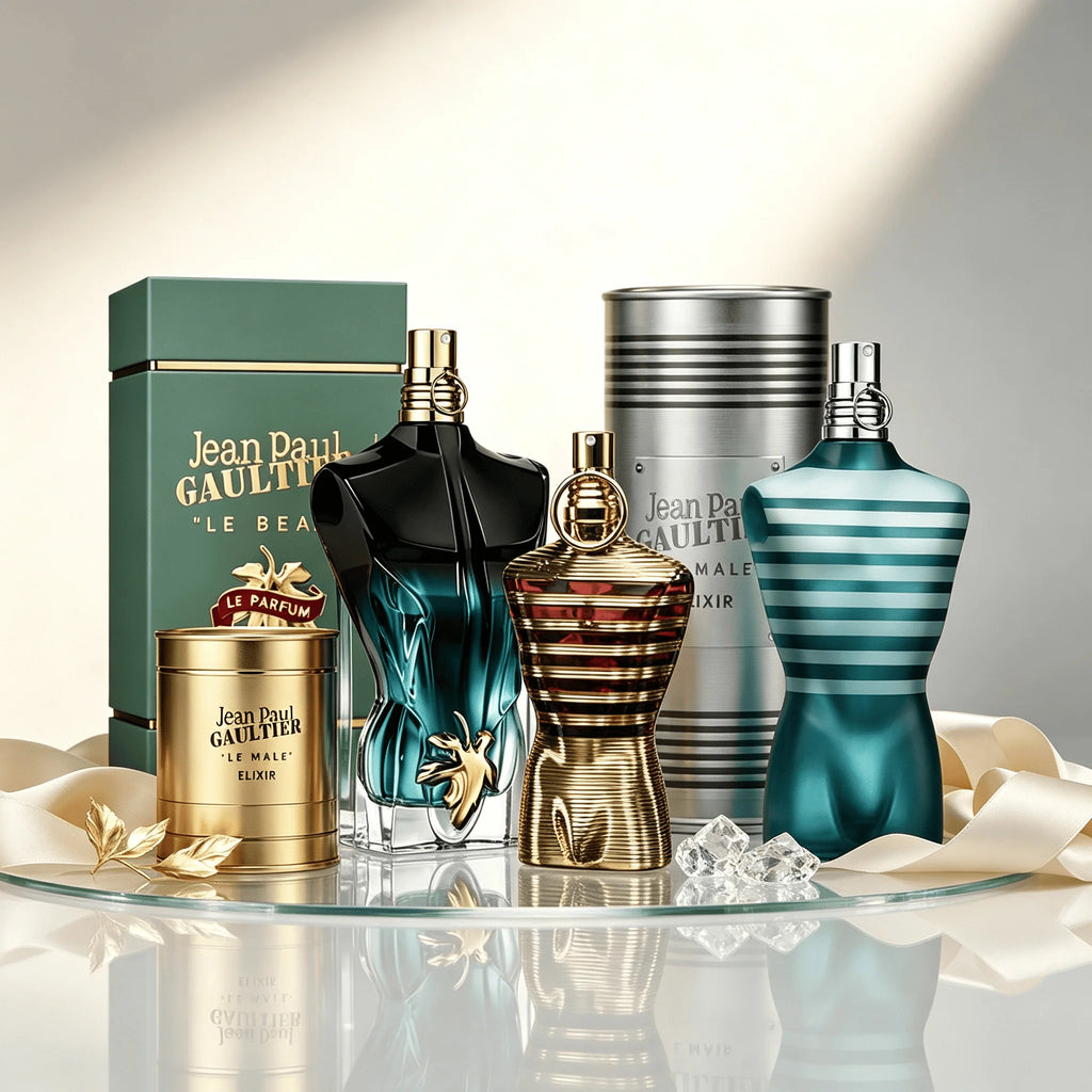 Jean Paul Gaultier Le Male Le Beau perfume collection for men in iconic torso-shaped bottle, long-lasting fragrance, luxury gift can