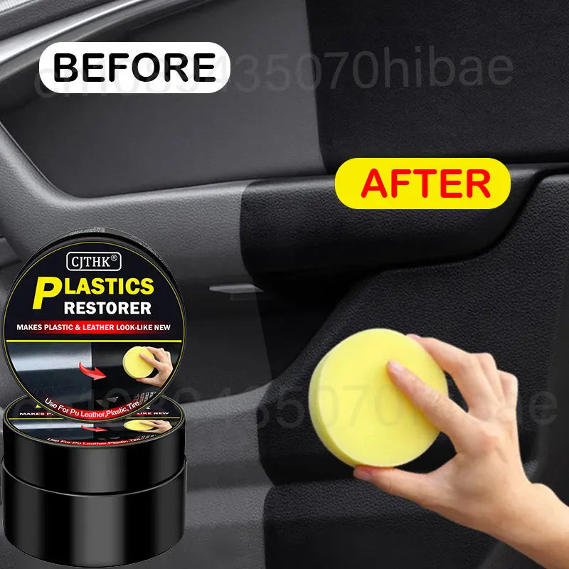 Veltora Car Plastic Restorer back to black gloss, showing restored plastic and leather surfaces with a shiny finish.