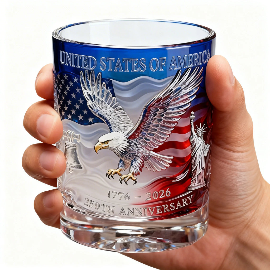 Veltora America 250th anniversary patriotic eagle whiskey glass with hand-blown glassware and rotating cup design.