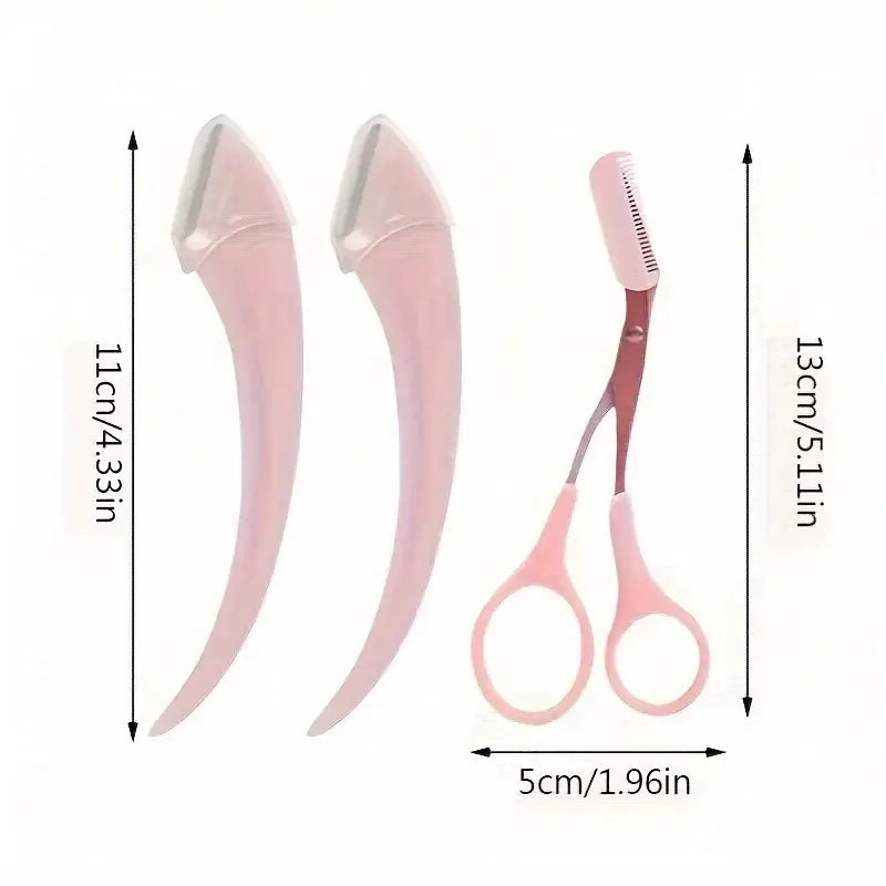 Veltora eyebrow trimmer set with curved razor, eyebrow scissors, and comb for easy, precise eyebrow grooming.