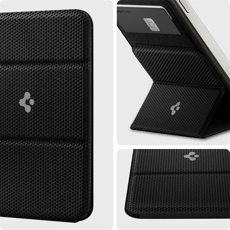 Veltora Spigen Smart Fold MagSafe card holder attached to iPhone 14 Pro Max, showing folding bracket and card storage.