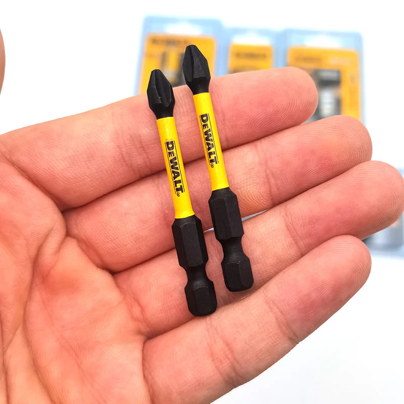 Veltora DEWALT tool accessories cross slotted PH2 extension rods in silver and yellow, 50mm, 57mm, and 89mm lengths.