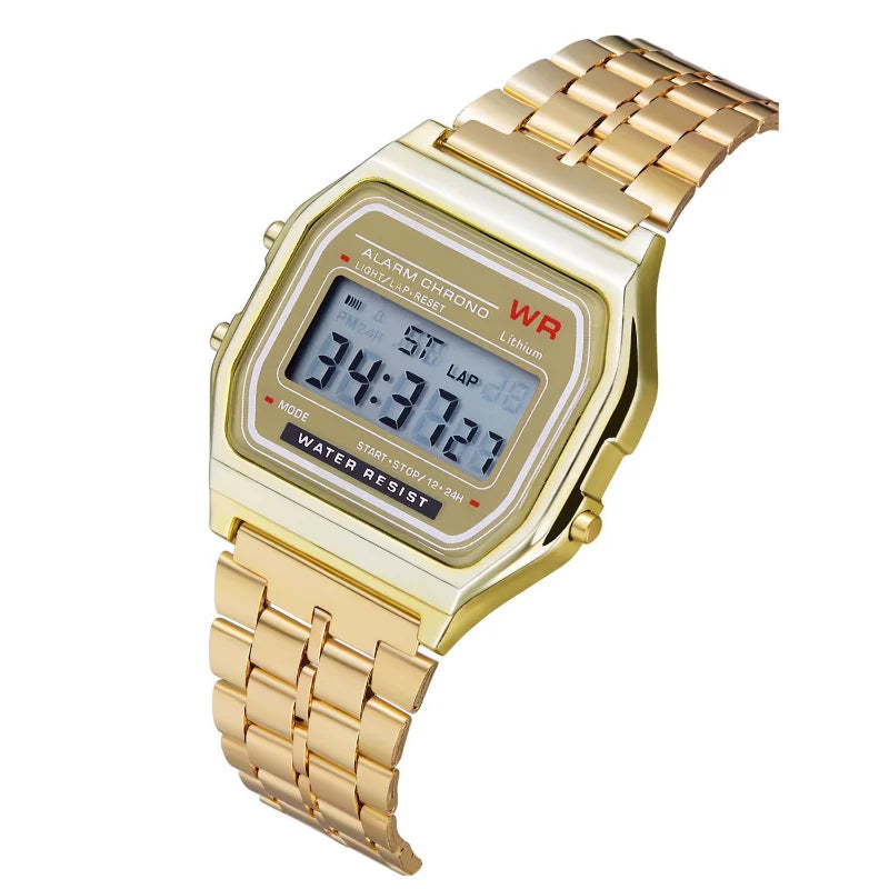 Veltora F91W digital sports watch with steel band, LED display, electronic clock, suitable for women and men, multi-functional design