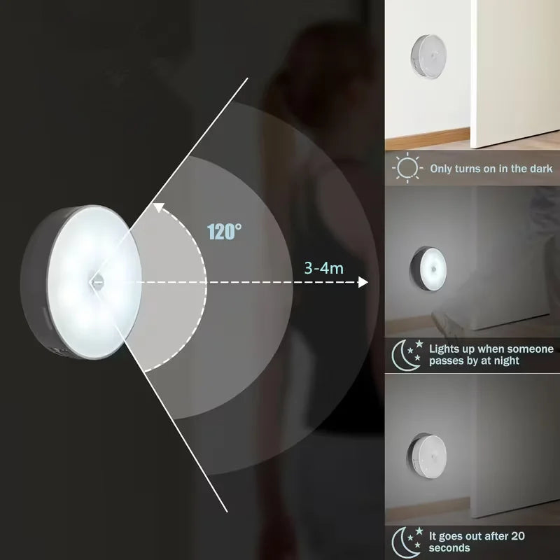 Veltora wireless motion sensor night light illuminating a staircase, LED detector lamp with automatic on/off for bedroom or closet use