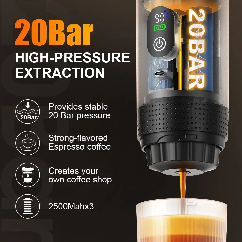Veltora DENOKIN portable espresso coffee machine with digital display, 3-in-1 capsule design for car, home, and camping use