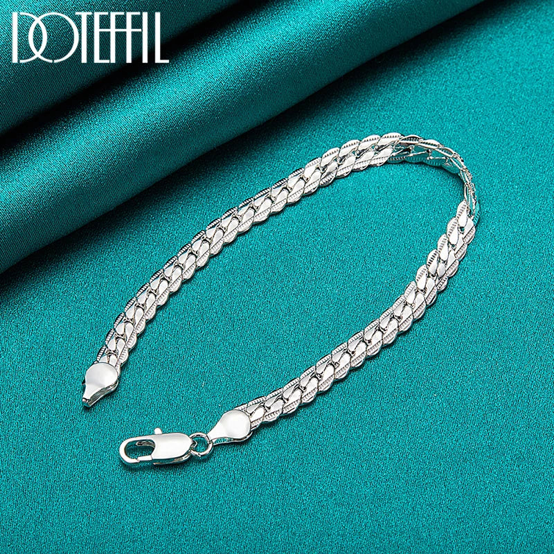 Veltora DOTEFFIL 925 silver bracelet with 6mm flat side chain, lobster clasp, available in 18-20cm, suitable for women and men