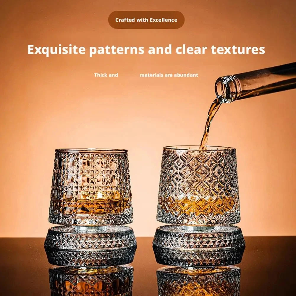 Veltora 2-pack whiskey glasses with rotating crystal bases for cocktails, featuring 360-degree rotation and elegant design.