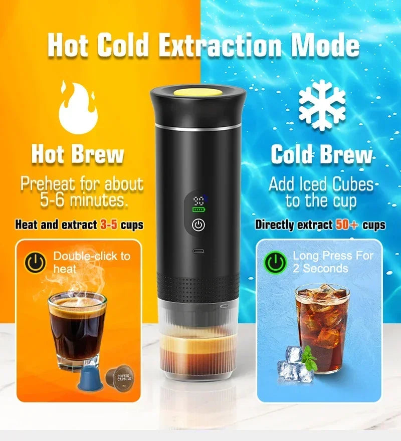 Veltora DENOKIN portable espresso coffee machine with digital display, 3-in-1 capsule coffee maker for car, home, and camping use
