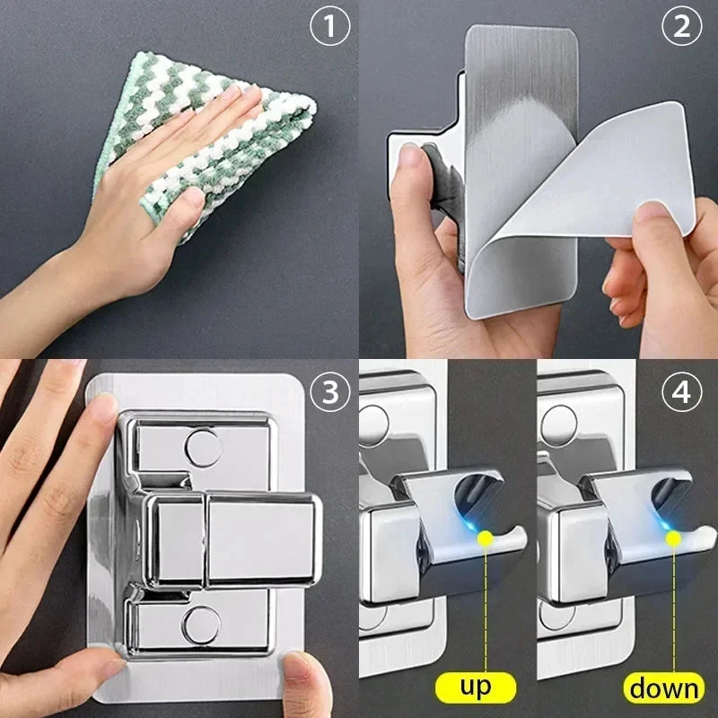 Veltora adjustable wall-mounted shower head support with adhesive base, portable, for holding and positioning shower heads.