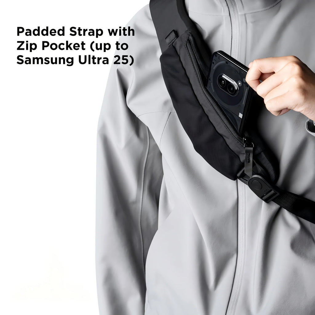 Veltora right shoulder chest bag with 7.5L capacity, crossbody sling backpack, fits 11-inch tablet, includes water bottle pocket.