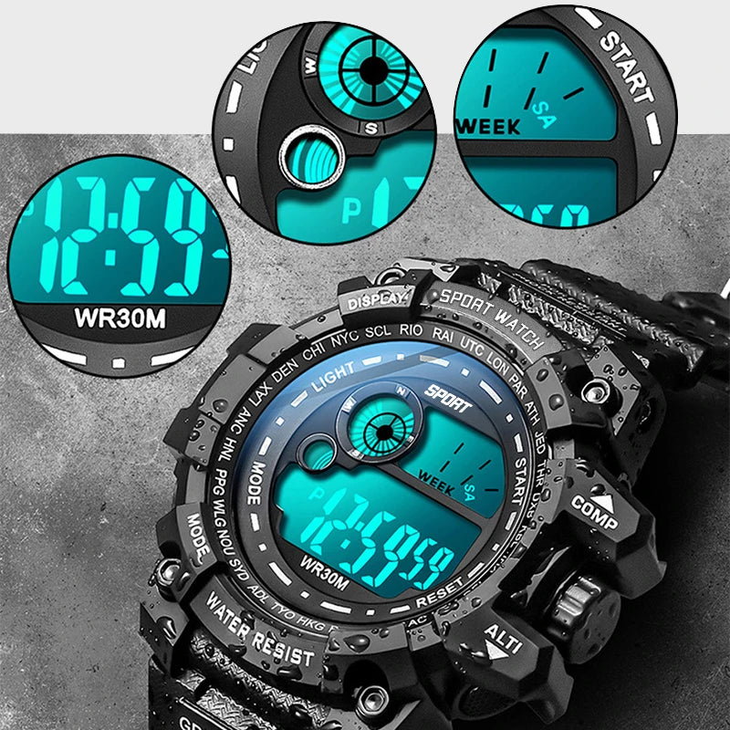 Veltora men's LED digital watch with luminous display, waterproof military-style sports watch showing date and time.