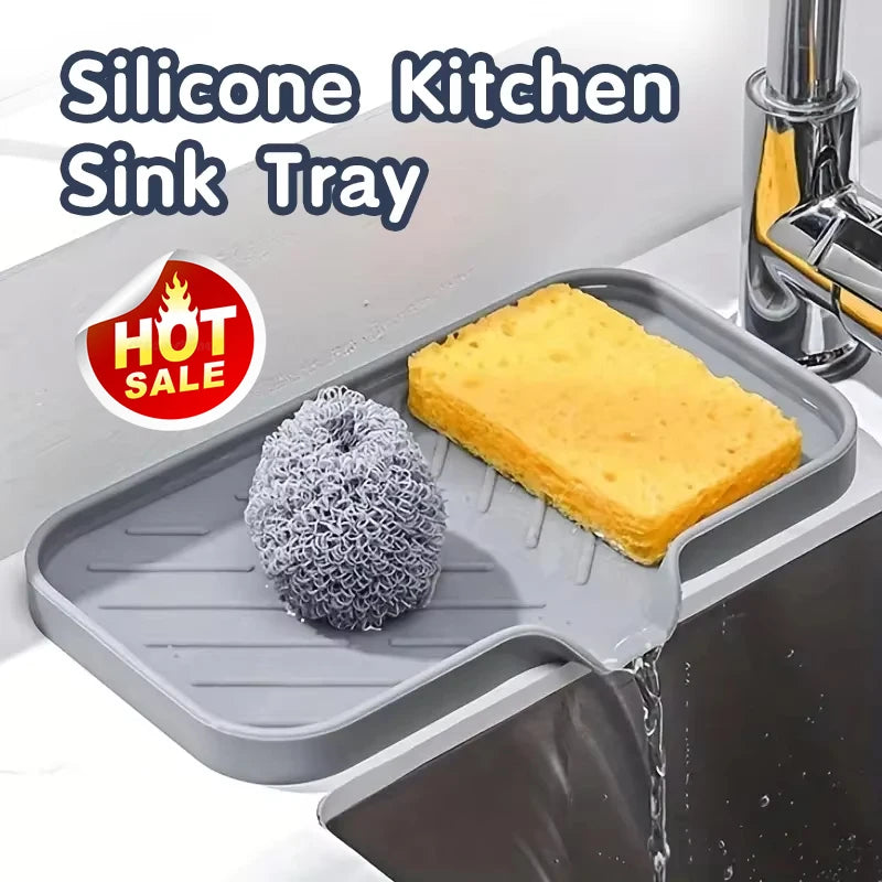 Veltora silicone kitchen sink faucet mat with soap dispenser and sponge drain pad, drying and countertop storage tray.