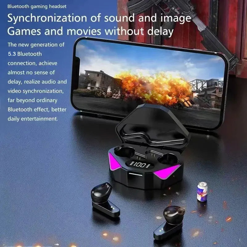 Veltora TWS wireless Bluetooth headset with LED display, gamer earbuds, mic, noise-canceling, and sleek design.
