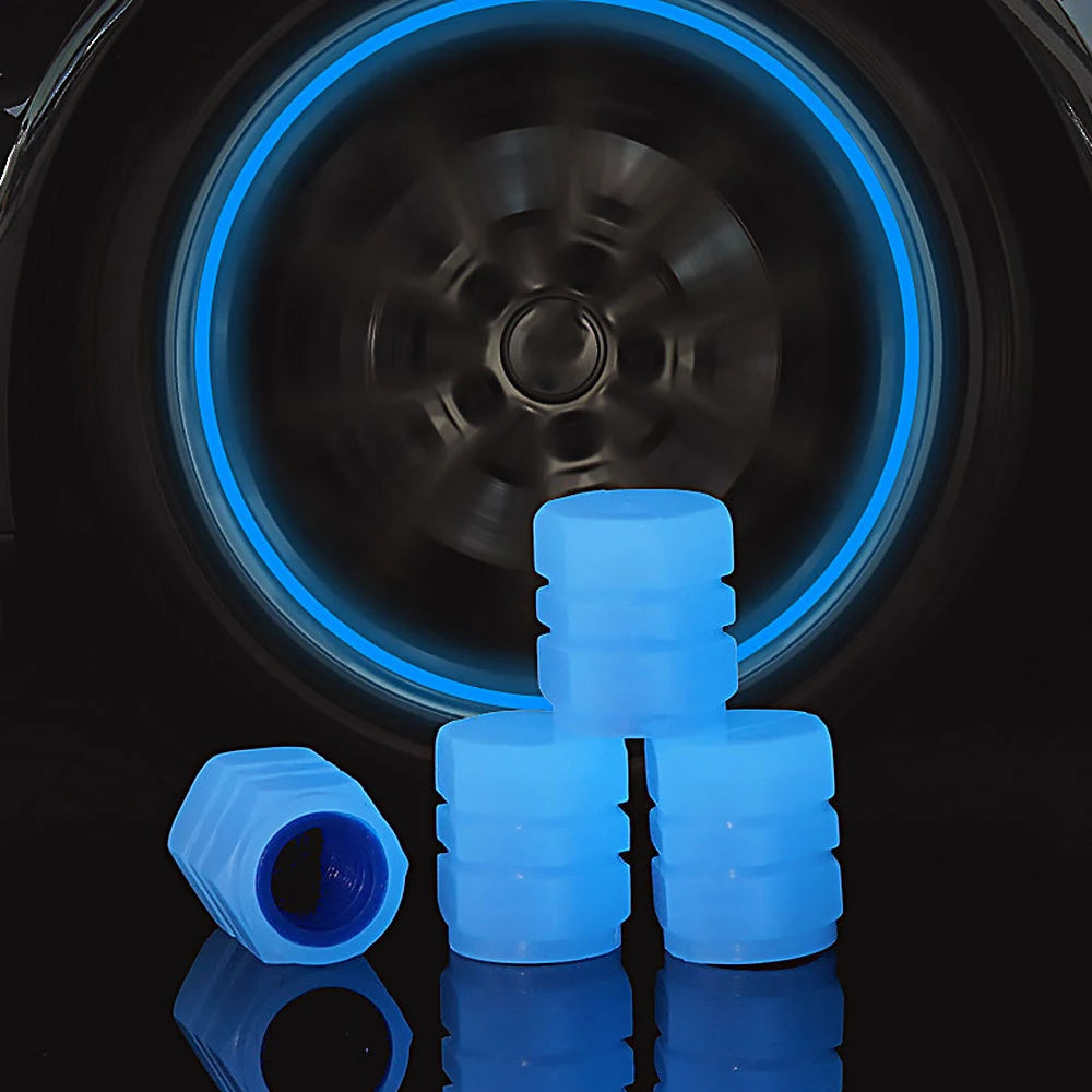 Veltora luminous fluorescent tire valve caps for cars and motorcycles, glowing wheel nozzles and decorative bike accessories.
