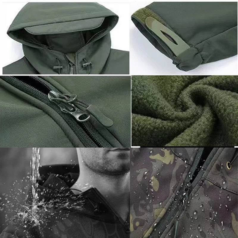Men's Veltora winter softshell fleece hood cargo jacket in black, windproof and warm, ideal for camping, hiking, and outdoor activities.