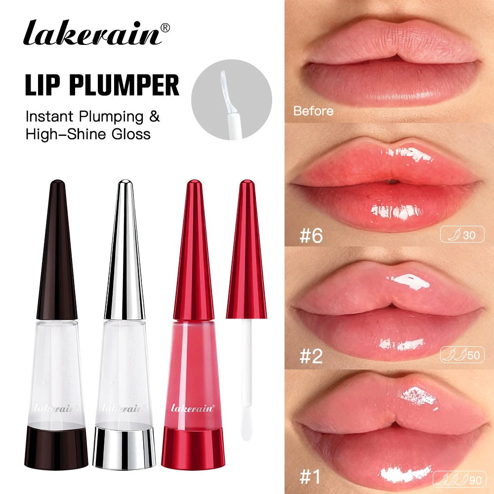 Veltora Lakerain Lip Plumper in a glossy liquid form, featuring deep hydration and a shiny, voluminous finish on lips.