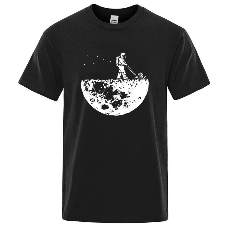 Men's Veltora T-shirt with humorous lunar cleaner print, casual cotton blend, loose fit, O-neck, ideal for hip hop style.