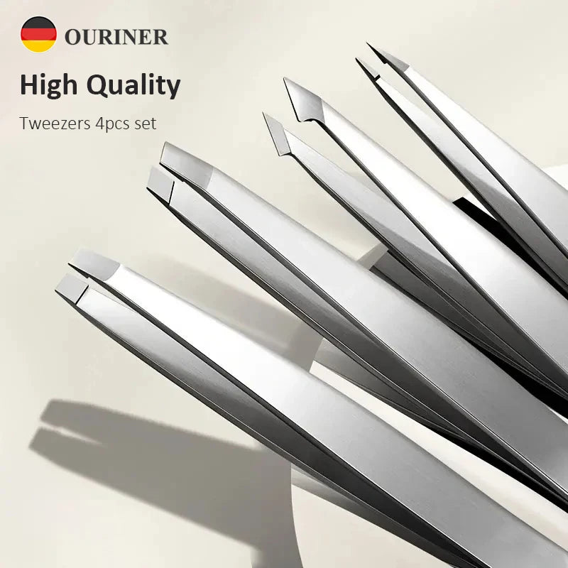 Veltora Ouriner stainless steel 4-piece eyebrow tweezers set with precision tips for facial hair grooming and shaping.