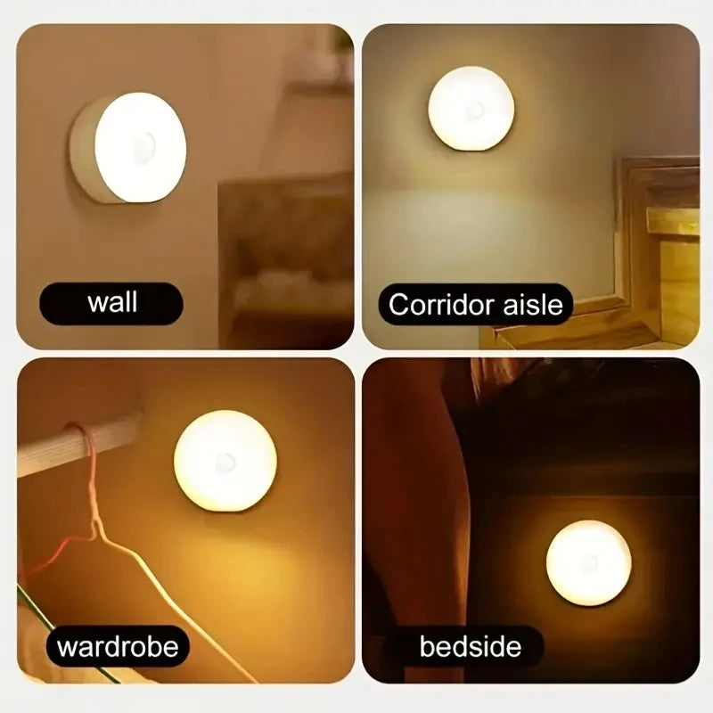Veltora wireless motion sensor night light illuminating a staircase with LED detector lamp for bedroom, closet, and room decor.