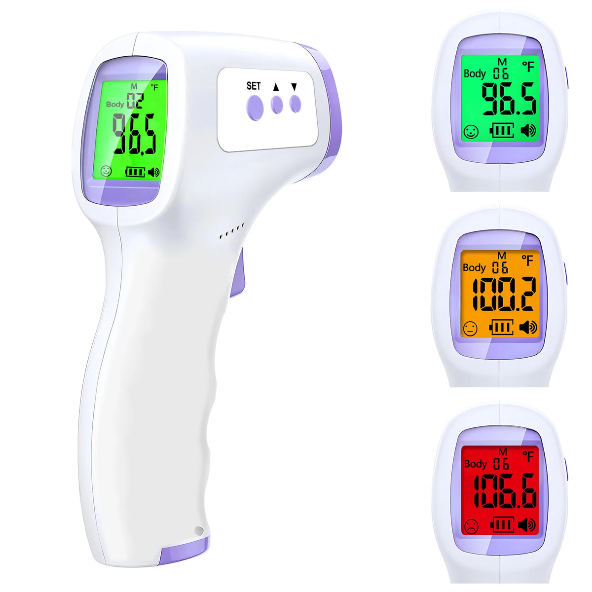 Veltora digital infrared forehead thermometer and portable pulse oximeter displaying readings on a digital screen.