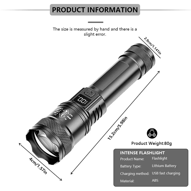 Veltora 2000LM Ultra Bright P50 LED Tactical Flashlight with telescopic zoom, handheld design, using 14500 or 18650 batteries.