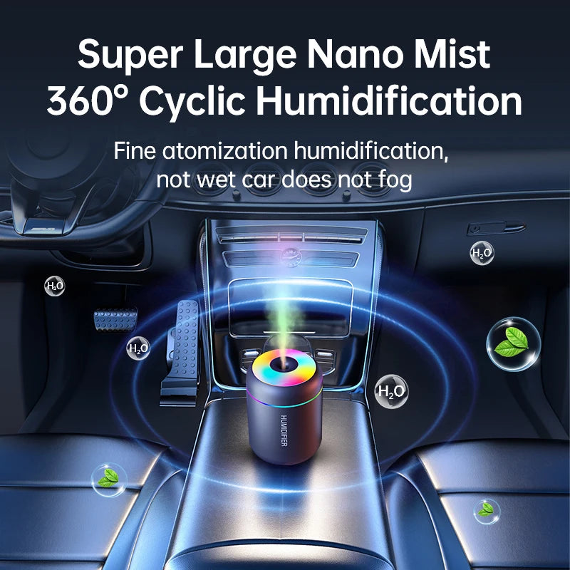 Veltora 180ML mini USB air humidifier and aroma diffuser with LED lights, essential oil mist maker for car and bedroom use.