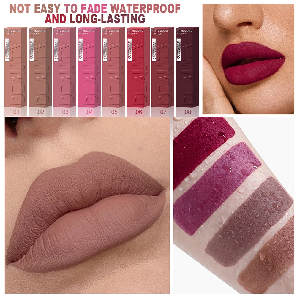 Veltora DUNUF 8-Color matte velvet square tube lip gloss with waterproof, three-dimensional plumping effect, easy to apply.