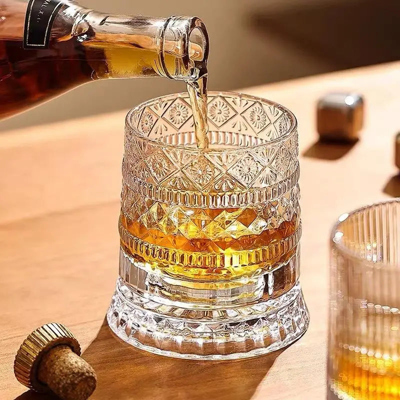 Veltora 260ML rotating whiskey glass with crystal design, creative liquor cup with base, ideal for straight drinks and beer.