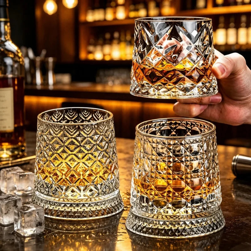 Veltora 280ml rotating crystal whiskey glass with elegant design, ideal for rum, cocktails, and premium beer drinking.
