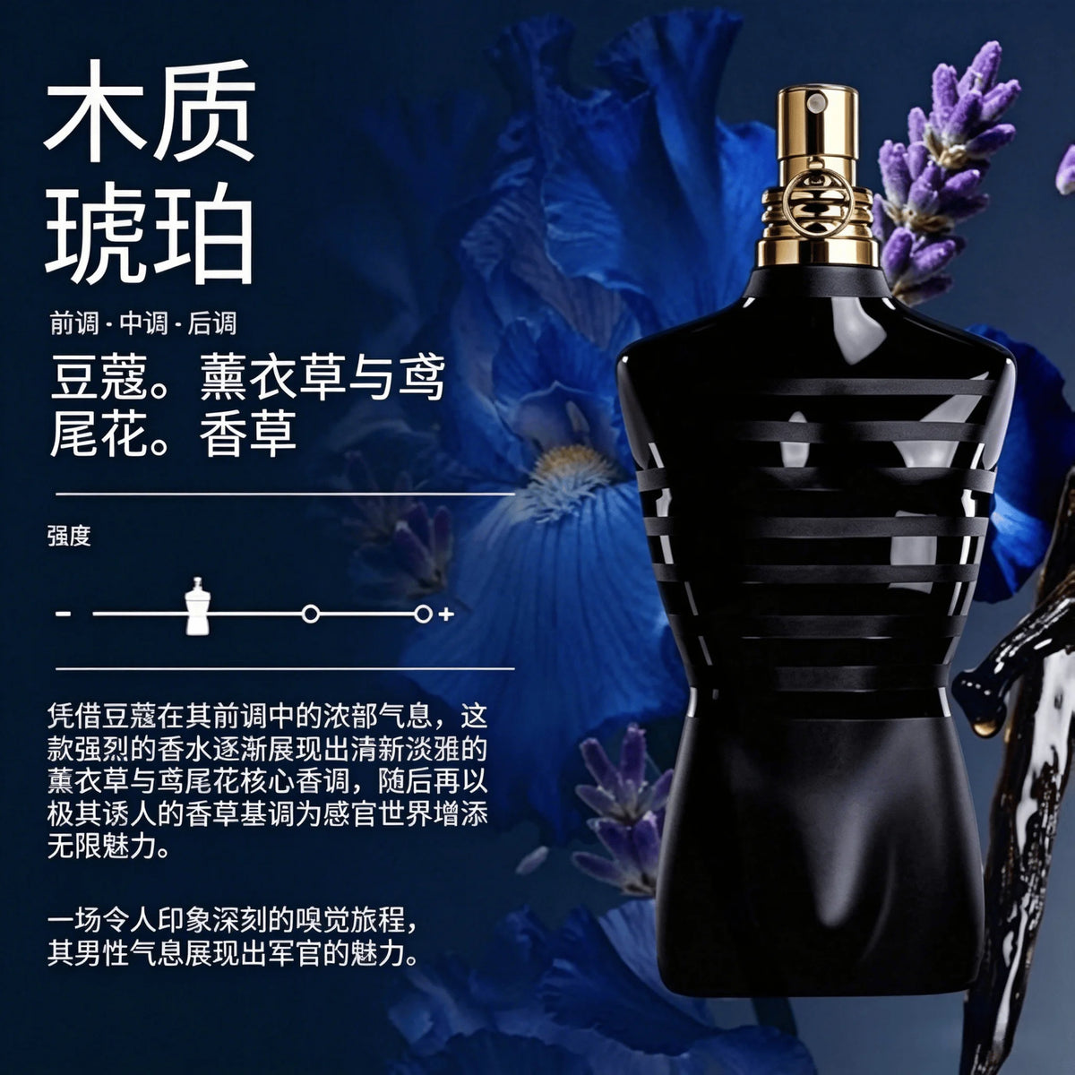 Jean Paul Gaultier Le Male Le Parfum men's fragrance bottle with amber, woody notes, cardamom, lavender, iris, and vanilla scent.