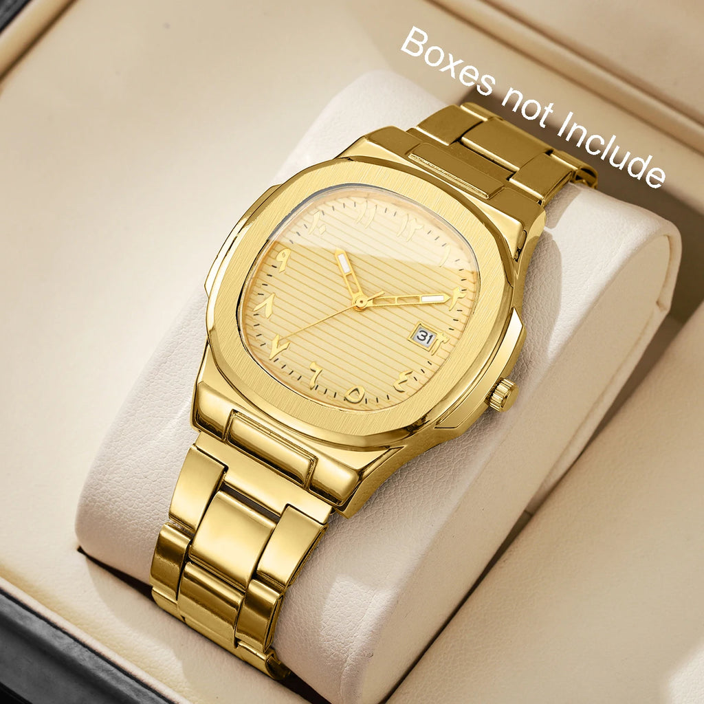 Veltora luxury men's business watch with square dial, stainless steel strap, quartz movement, and calendar display.