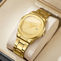 Veltora luxury men's business watch with square dial, stainless steel strap, quartz movement, and calendar display.