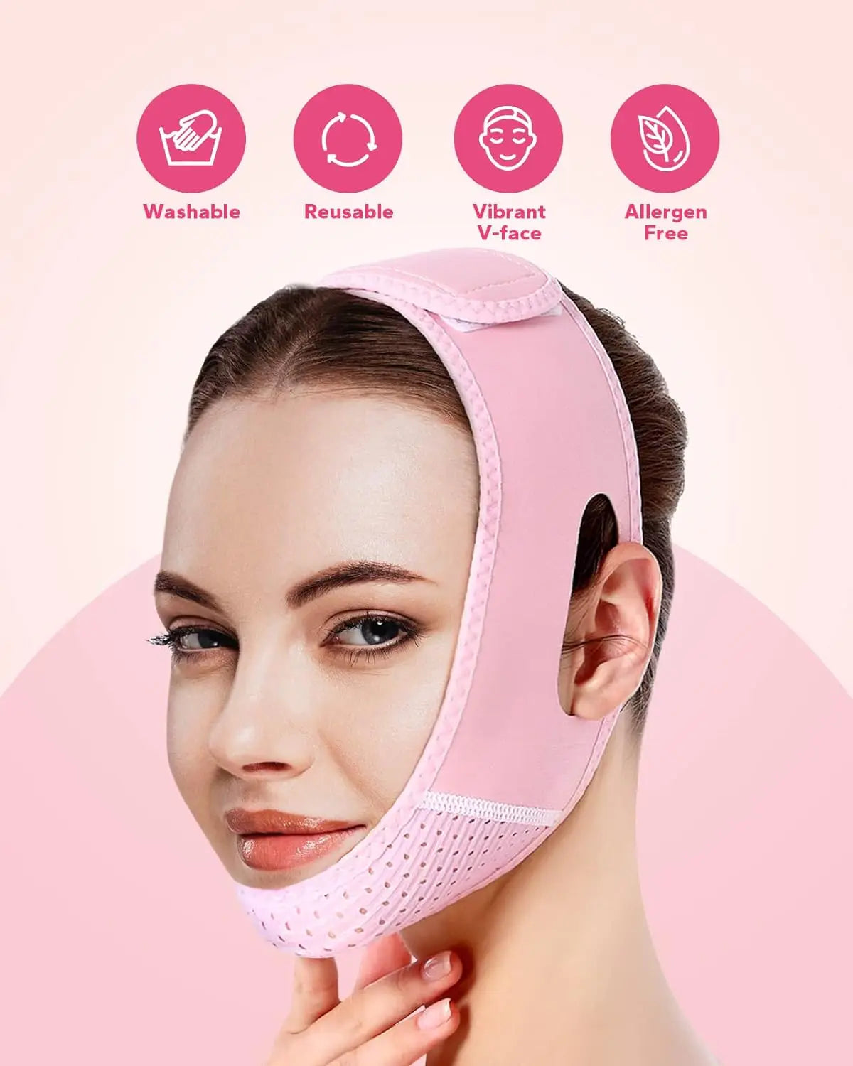 Veltora reusable V-shaped face strap mask for chin lifting and sagging reduction, showing adjustable chin strap and belt design.