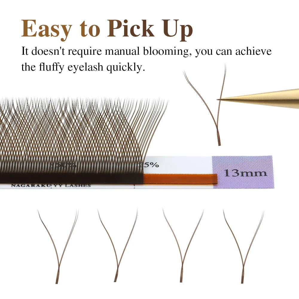 Veltora Nagaraku YY shape triple tips hand-woven natural eyelash extensions with soft, lightweight design on mesh net background.
