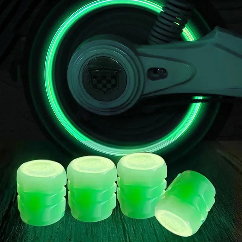 Veltora luminous fluorescent night tire valve caps glowing in green for cars, motorcycles, and bikes, decorative wheel nozzles and accessories.