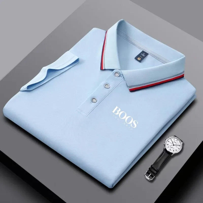 Men's Veltora business casual polo shirt with striped collar, letter print, short sleeves, breathable fabric for comfortable wear.