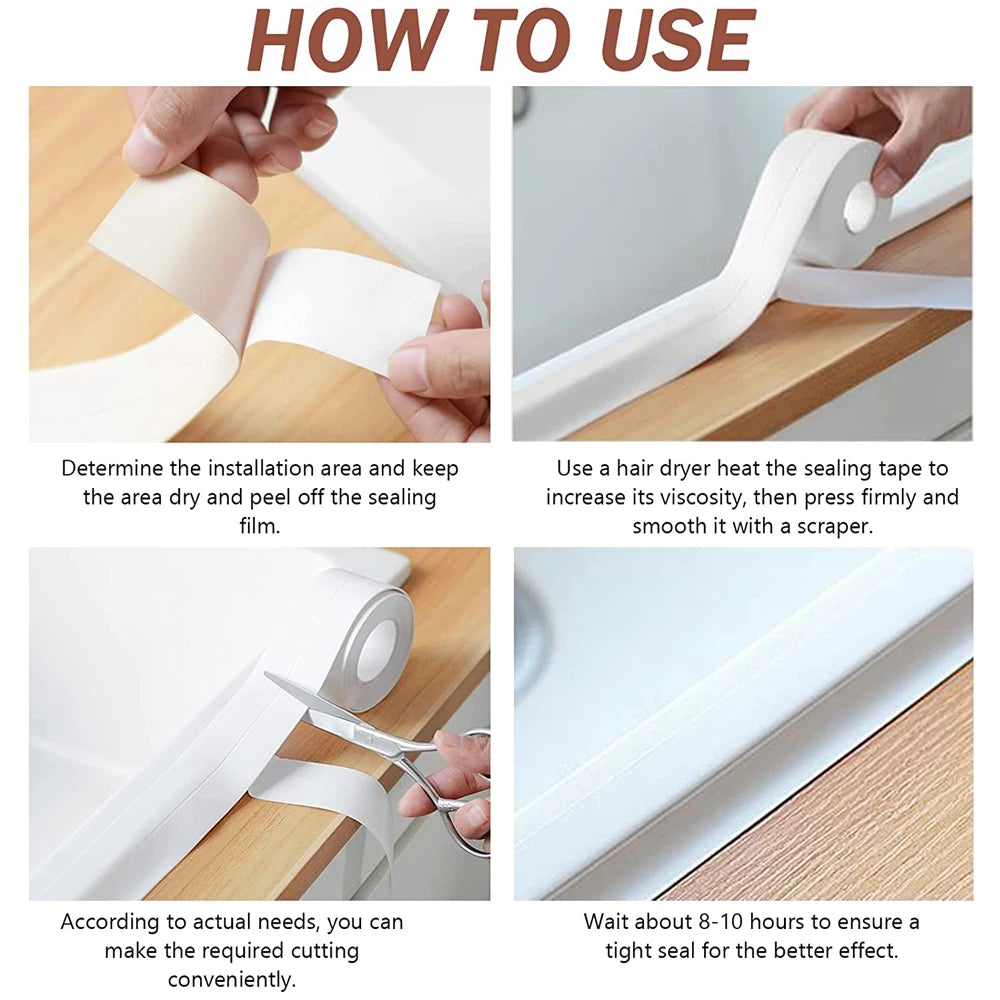 Veltora 3.2M self-adhesive PVC bath caulk tape for waterproof sealing on kitchen sink edges and bathroom walls.