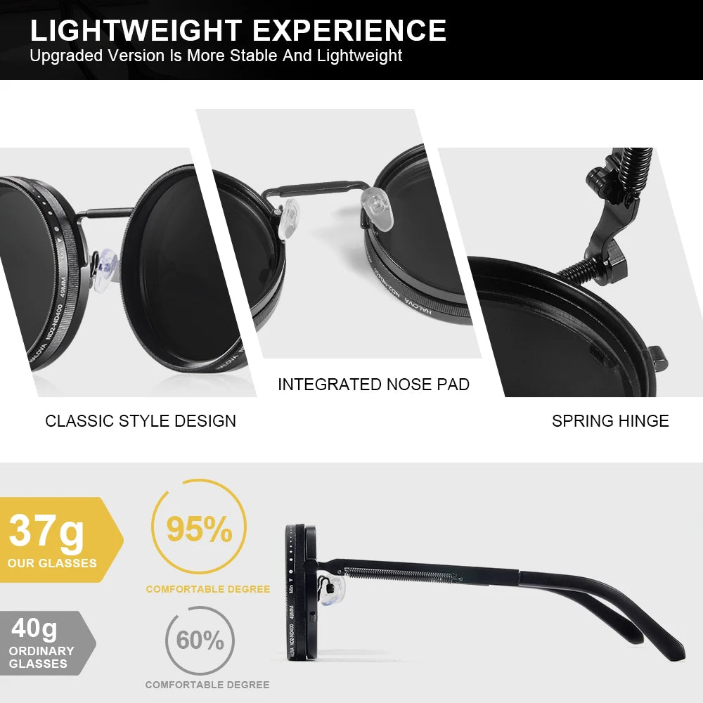 Veltora CRIXALIS polarized round sunglasses with adjustable dimming, UV400 outdoor shades for men and women, retro punk style.