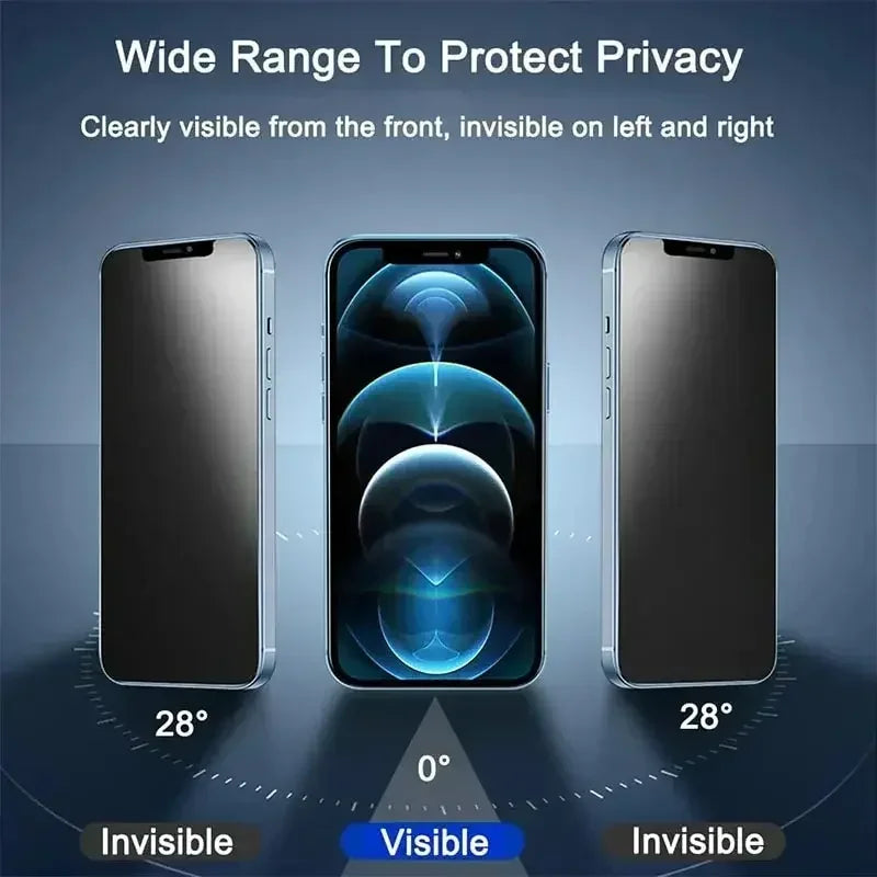 Veltora anti-spy privacy screen protector for iPhone models 11 to 17, showing the protector on an iPhone with privacy filter applied.