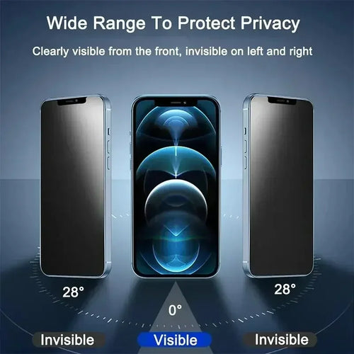 Veltora anti-spy privacy screen protector for iPhone models 11 to 17, showing the protector on an iPhone with privacy filter applied.