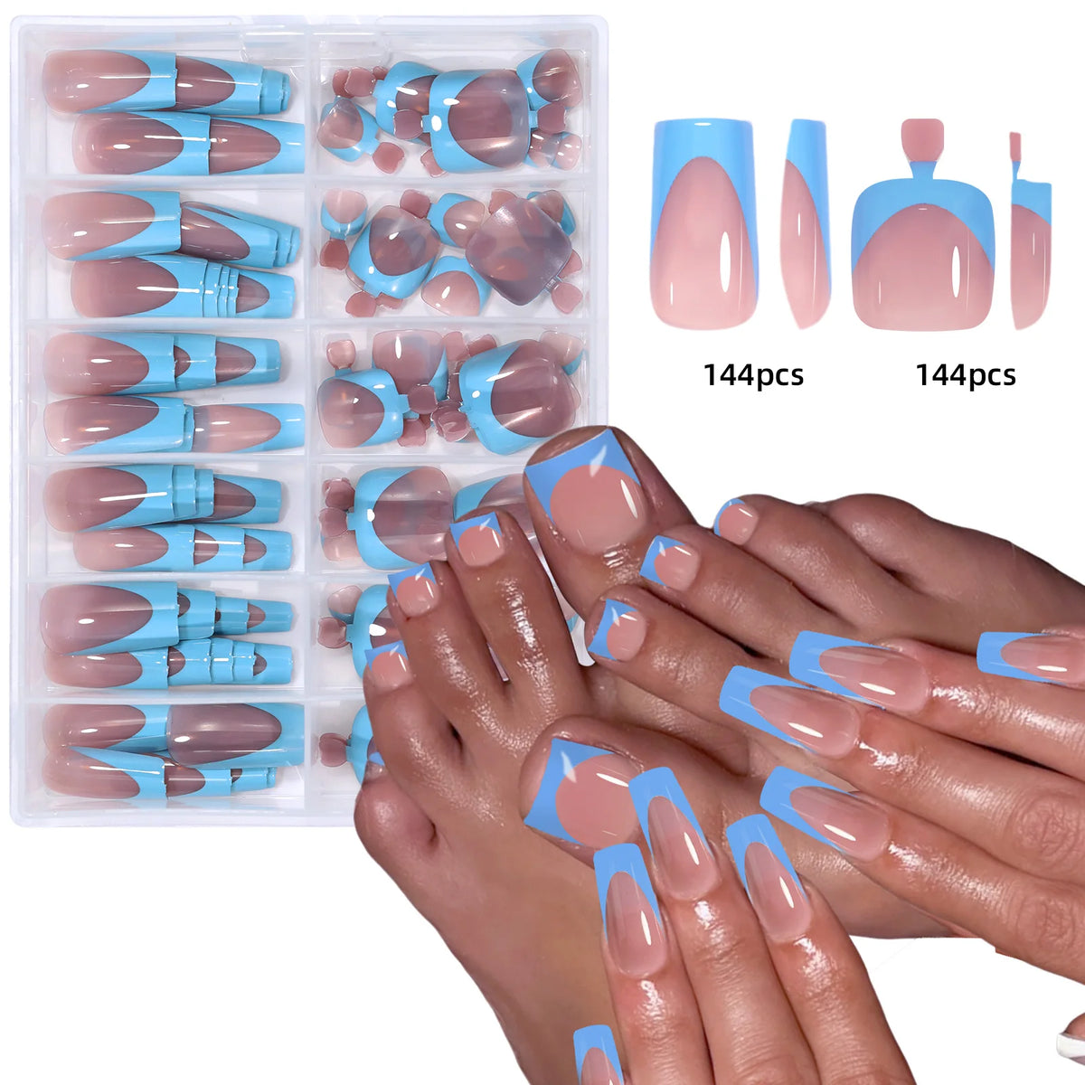 Veltora 144-piece French hand and foot nail set with short square acrylic false nails, shiny full coverage for nail salon use