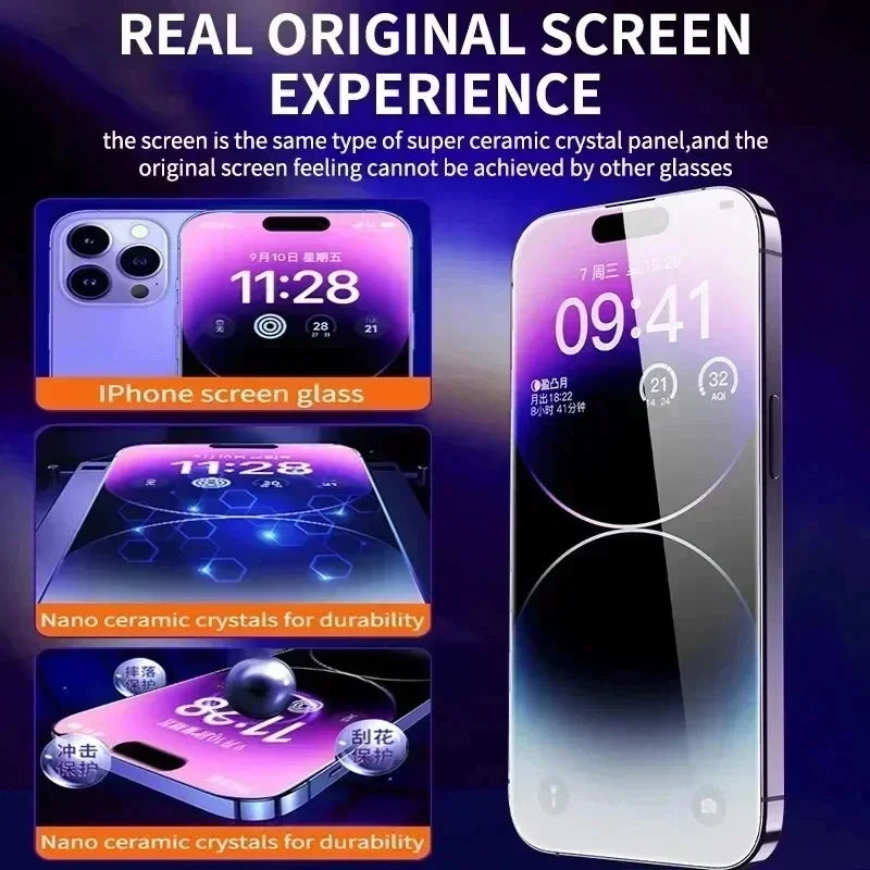 Veltora oleophobic coating dust-free screen protector for iPhone 14, 11, 13, 12, 15 Pro Max, Mini, XS, XR, 16 Plus, 17, 18, and 19 series.