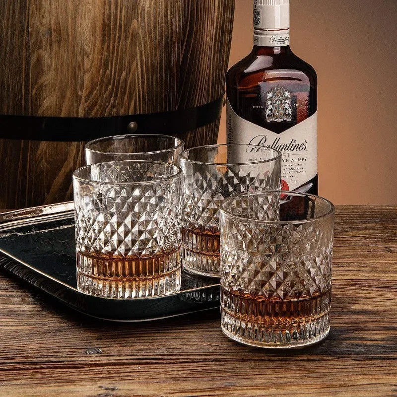 Set of transparent Veltora crystal whiskey cups in 335ml size, perfect for parties, home, or bar use, shown in a close-up image.